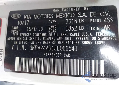 2018 Kia Rio Lx из США, поврежденный, VIN 3KPA24AB1JE066541